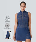 Débardeur de tennis Halara Flex™ en denim stretch délavé avec col montant, fermeture éclair et effet frais InstantCool