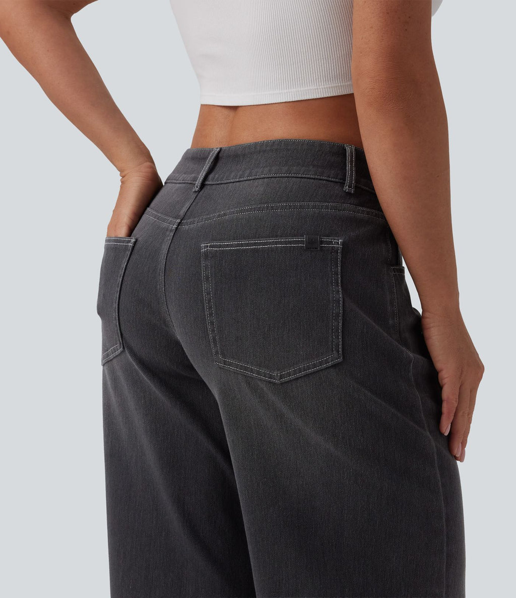 Halara Flex™ Jean Large Casual Taille Basse avec Boutons Zip Multiples Poches Lavés Élastiques et Tricotés