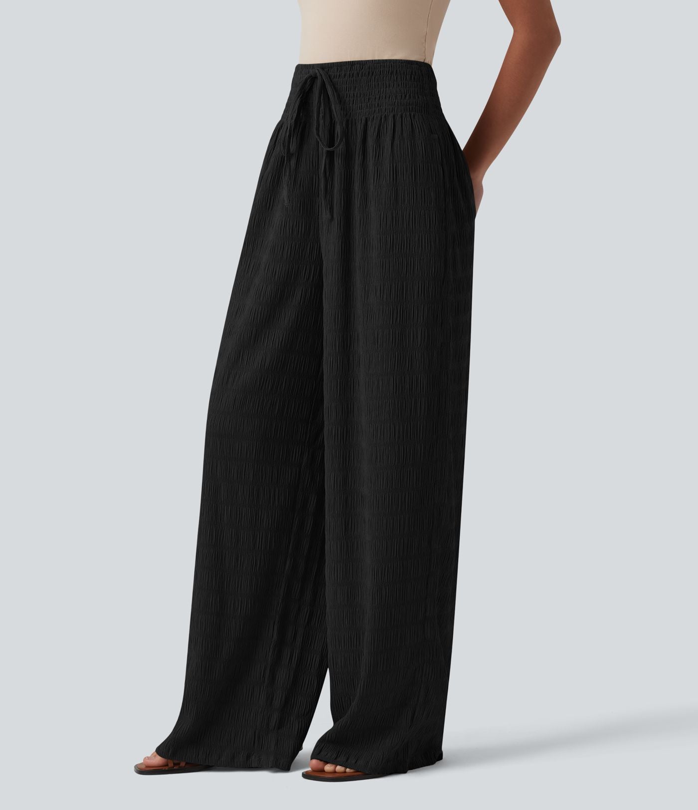 Pantalon large casual texturé taille mi-haute avec cordon de serrage et poches – Style resort