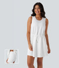 Robe active de yoga mini 2 pièces à col rond, sans manches, cordon de serrage et poches latérales