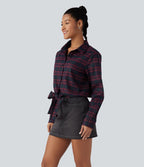 Chemise décontractée à carreaux, manches longues et nœud devant
