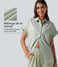 Chemise décontractée manches courtes en coton et lin avec poche