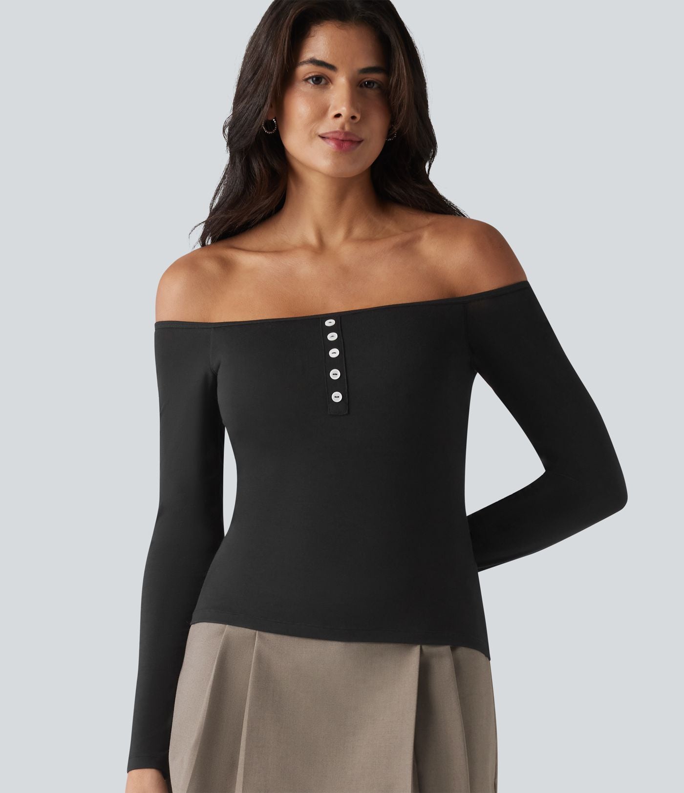T-shirt casual ultra-ajusté côtelé épaules dénudées à manches longues avec soutien-gorge intégré