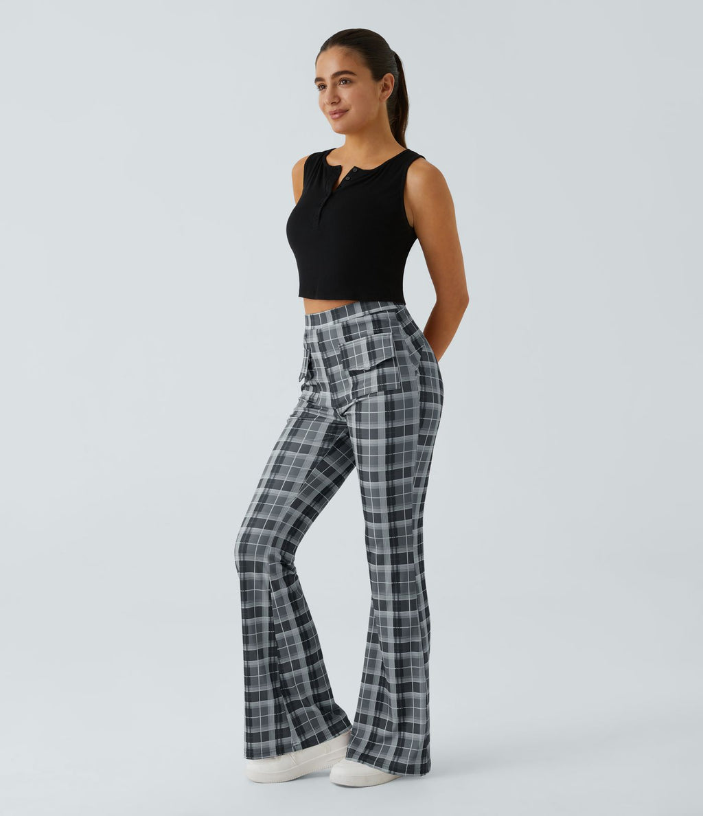 Pantalon Casual à Carreaux Évasé et Taille Haute avec Poches
