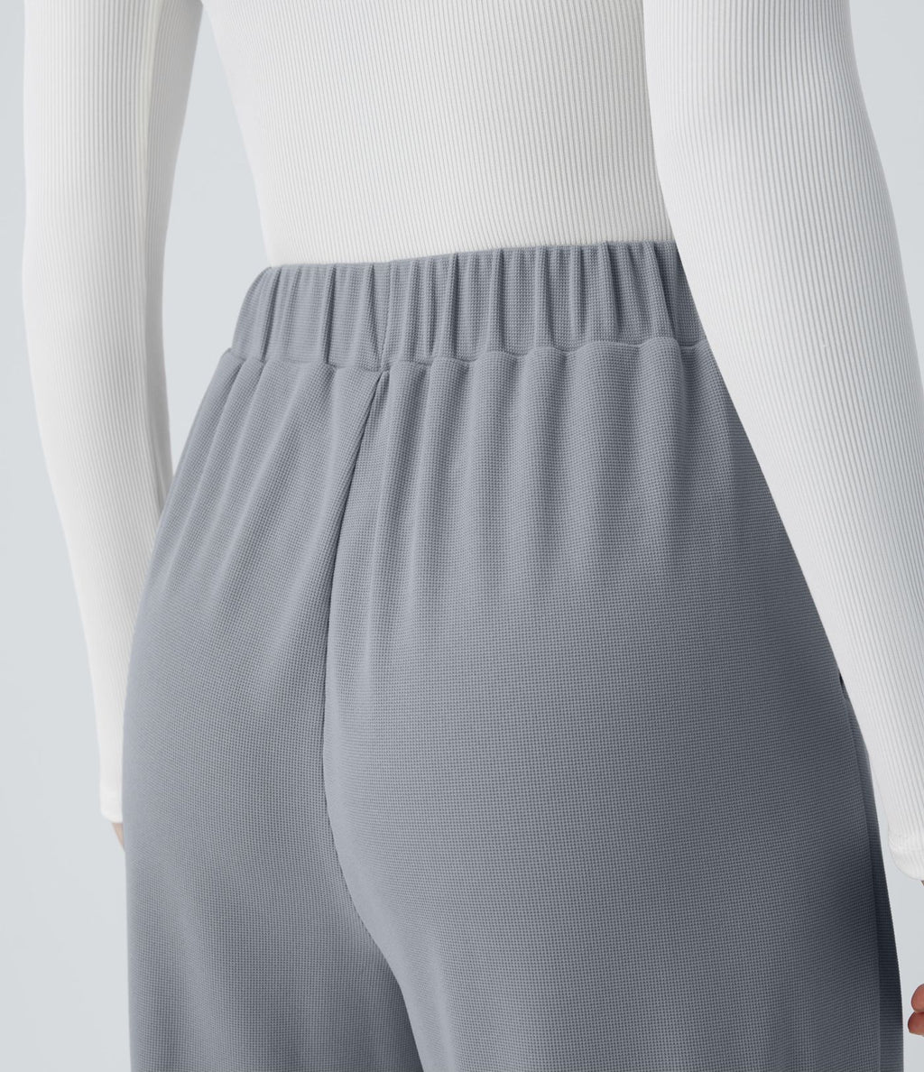 Pantalon taille haute décontracté large en maille gaufrée, avec poches
