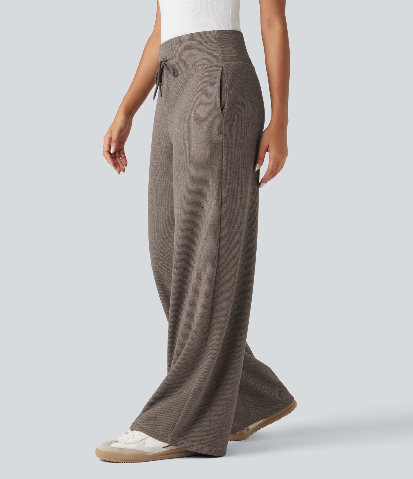 Pantalon jogging large décontracté côtelé gainant taille haute avec cordon de serrage et poches
