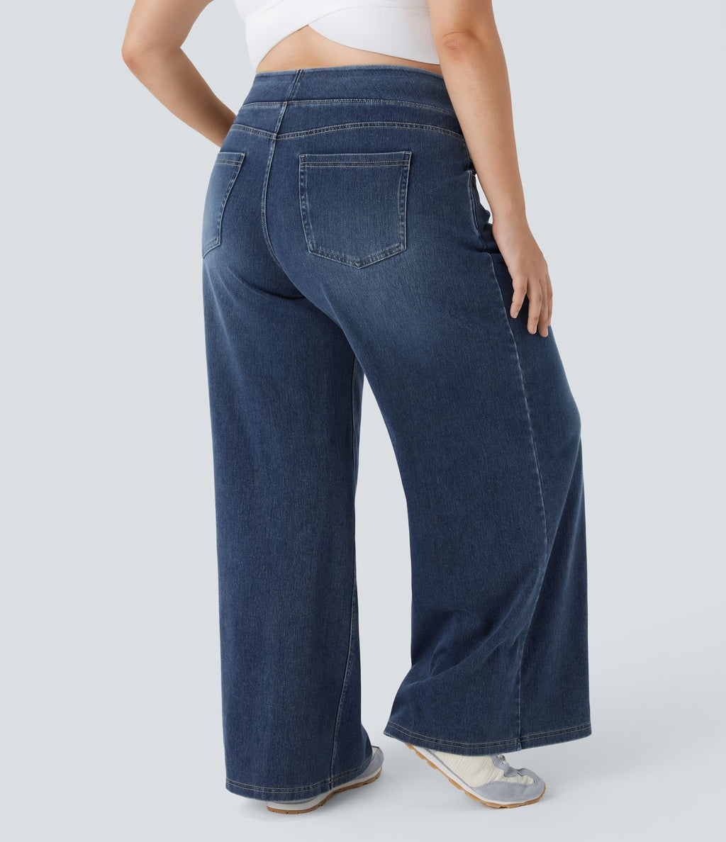 Halara Flex™ Jeans Larges Casual Taille Haute Multiples Poches Lavés Élastiques et Tricotés Grande Taille