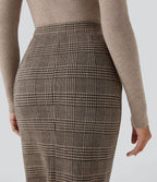 Jupe crayon de travail à taille haute, fente et motif pied-de-poule et carreaux