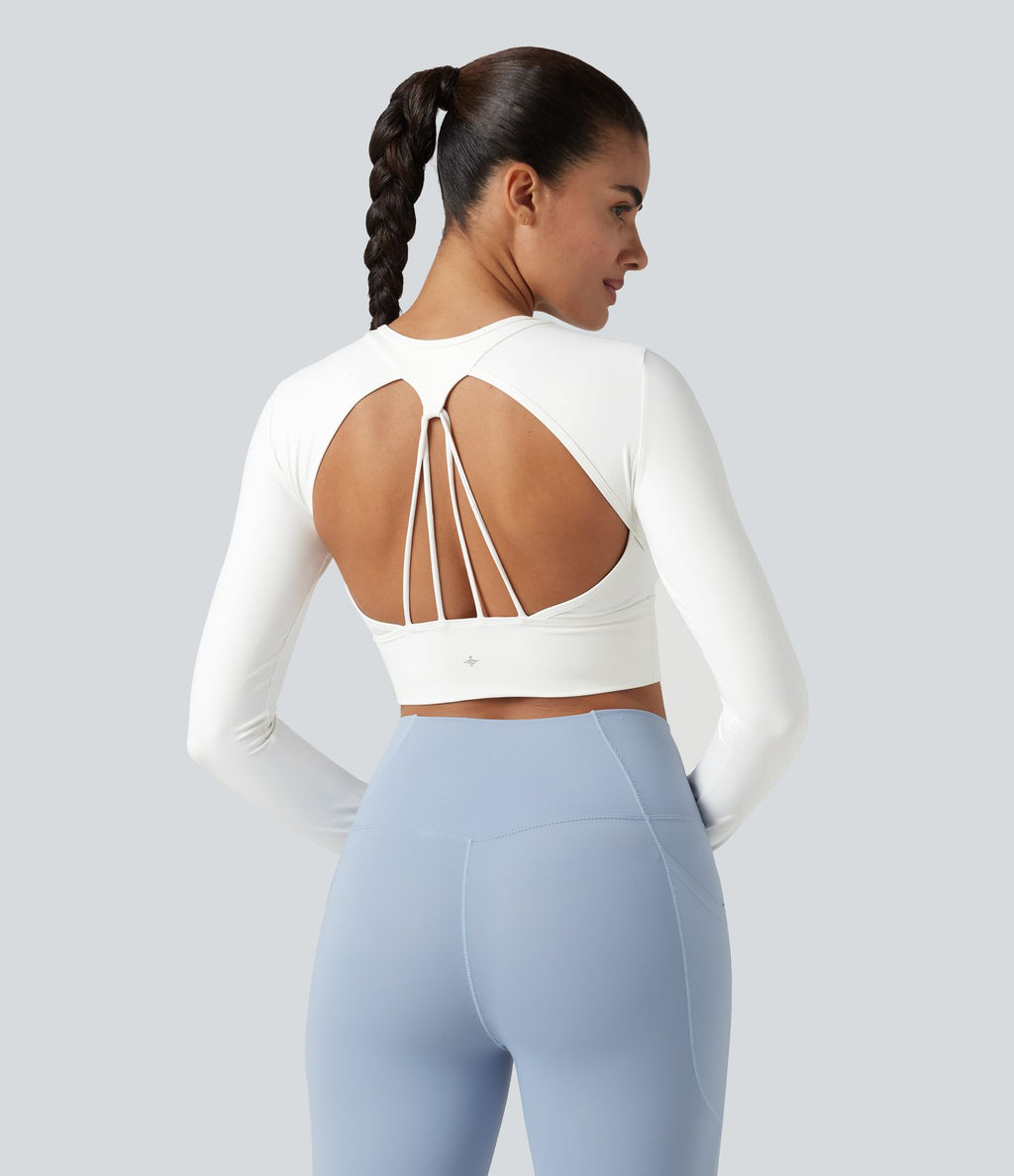 Haut de sport dos nu à manches longues avec passe-pouces, à effet frais InstantCool, séchage rapide, protection UPF50+ pour le yoga