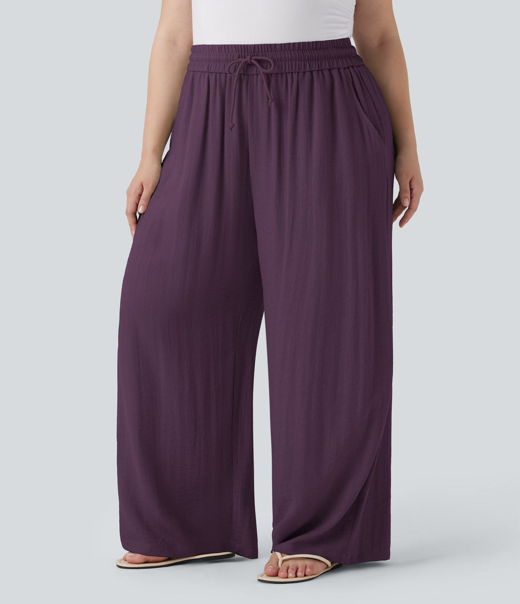 Pantalon décontracté grande taille large fluide taille haute effet lin avec cordon de serrage et poches