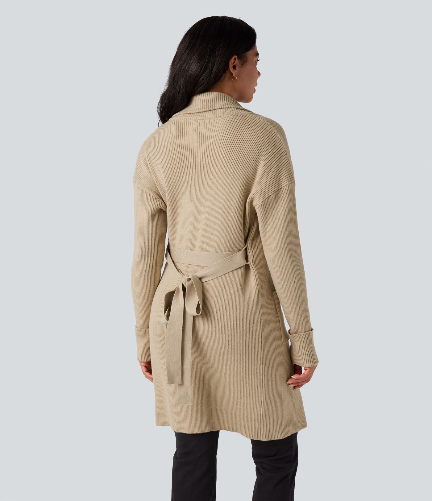 Cardigan long col tailleur ceinturé manches longues avec poches