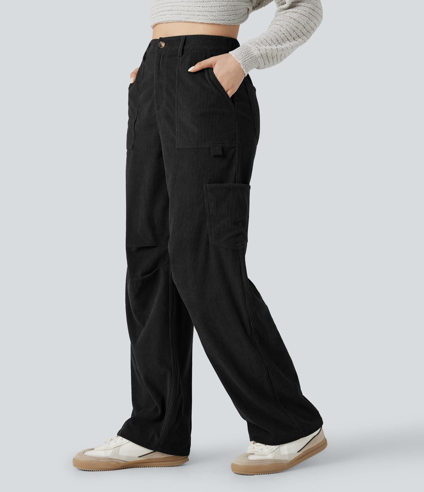 Pantalon décontracté droit en velours côtelé, taille haute, avec poches
