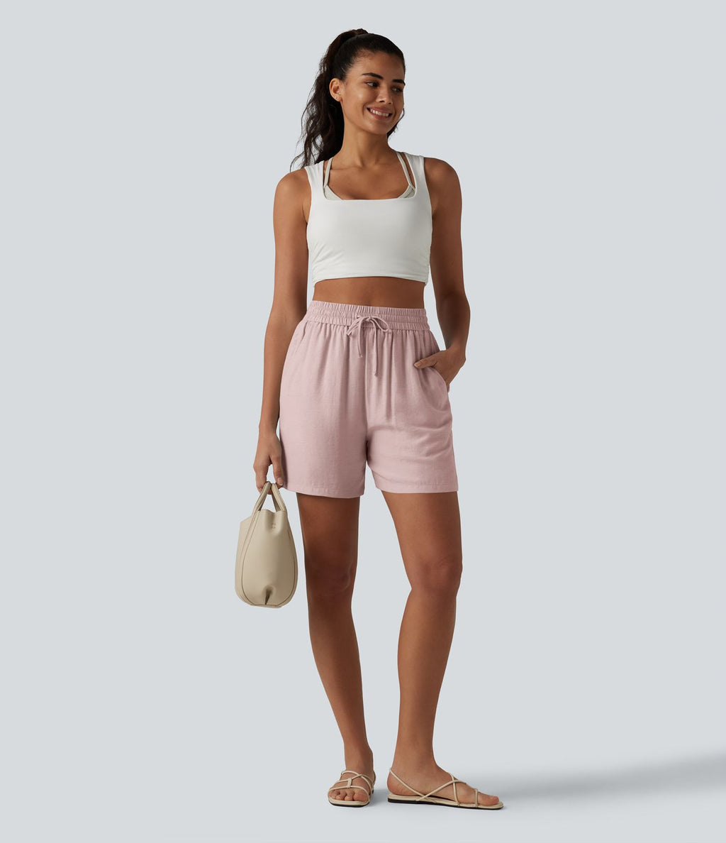 Short décontracté ample en lin mélangé taille haute avec cordon de serrage, 12,5 cm, et poches