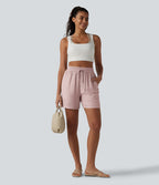 Short décontracté ample en lin mélangé taille haute avec cordon de serrage, 12,5 cm, et poches