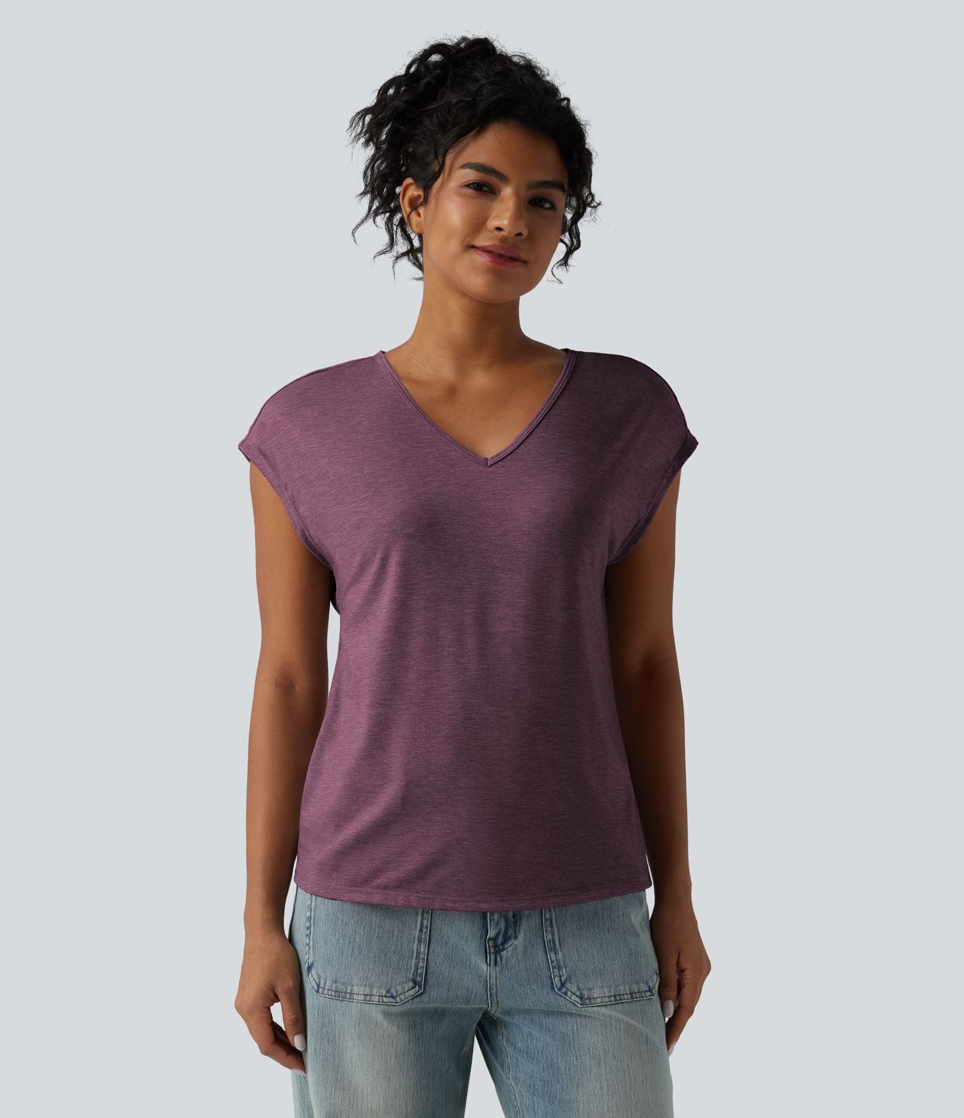 T-shirt décontracté chiné ample à manches courtes et col V