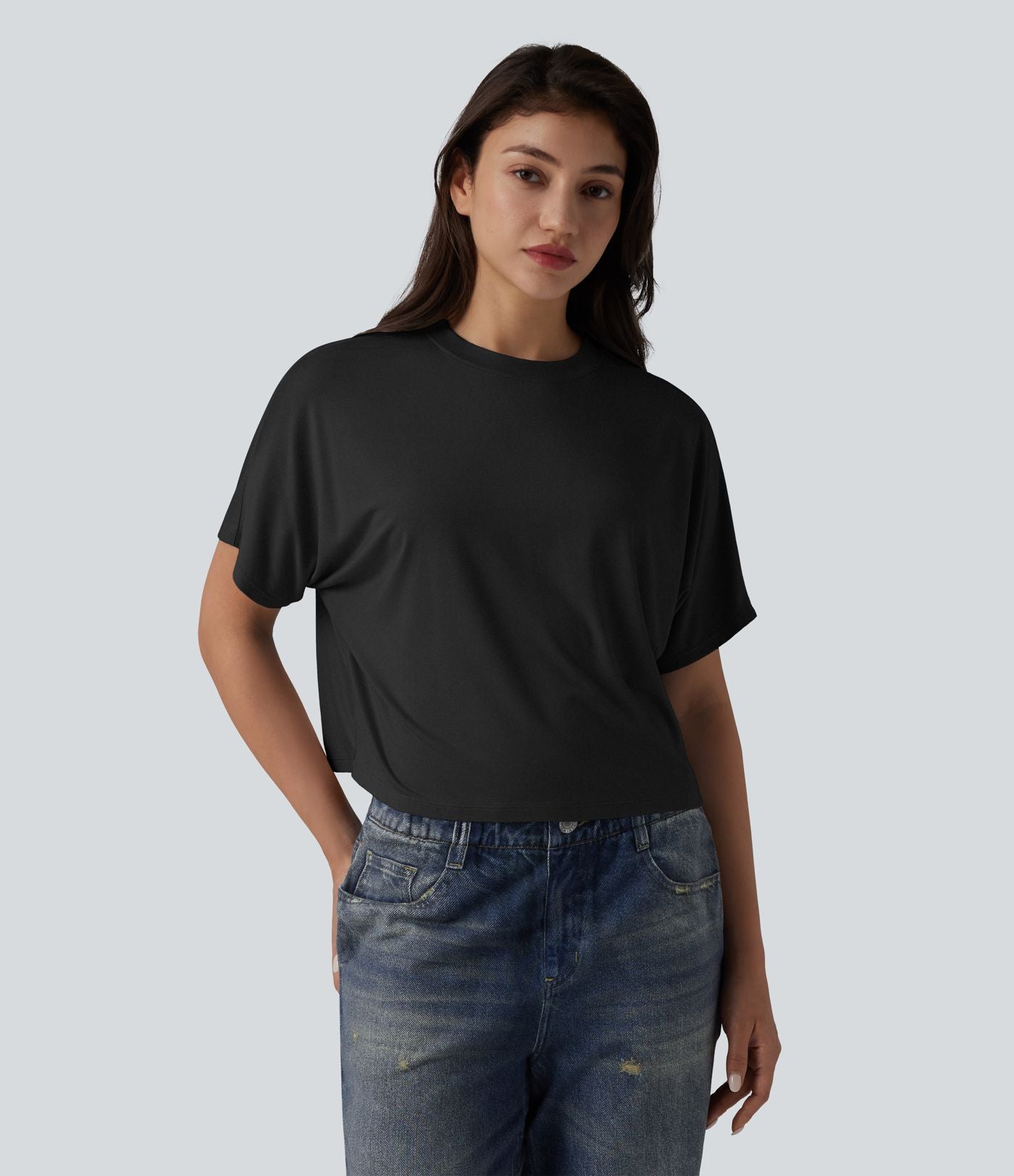 T-shirt décontracté col rond manches chauve-souris courtes