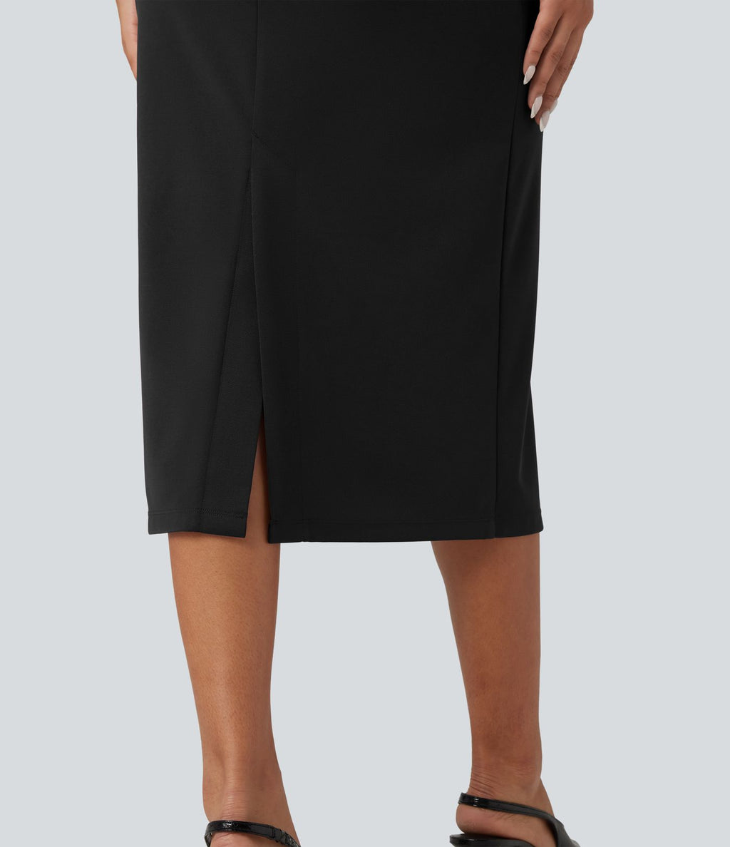 Robe mi-longue moulante fendue col carré sans manches