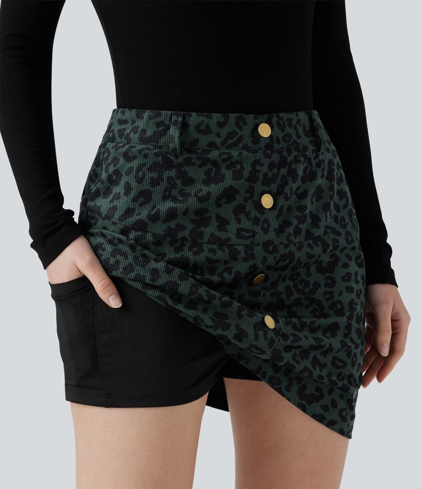 Jupe mini décontractée 2-en-1 taille haute imprimé léopard avec poche
