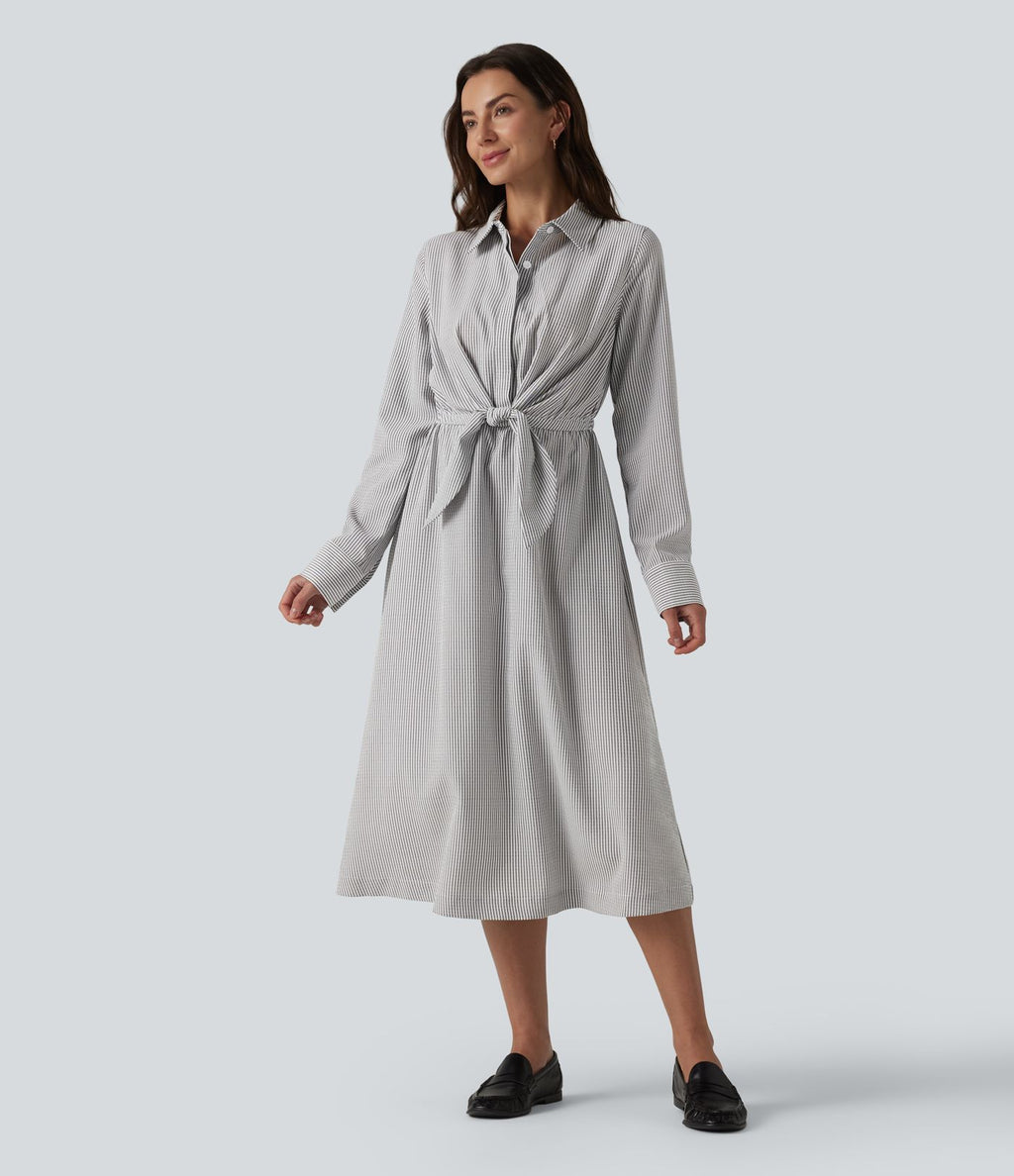 Robe chemise midi habillée à col, manches longues, lien à nouer devant et rayures