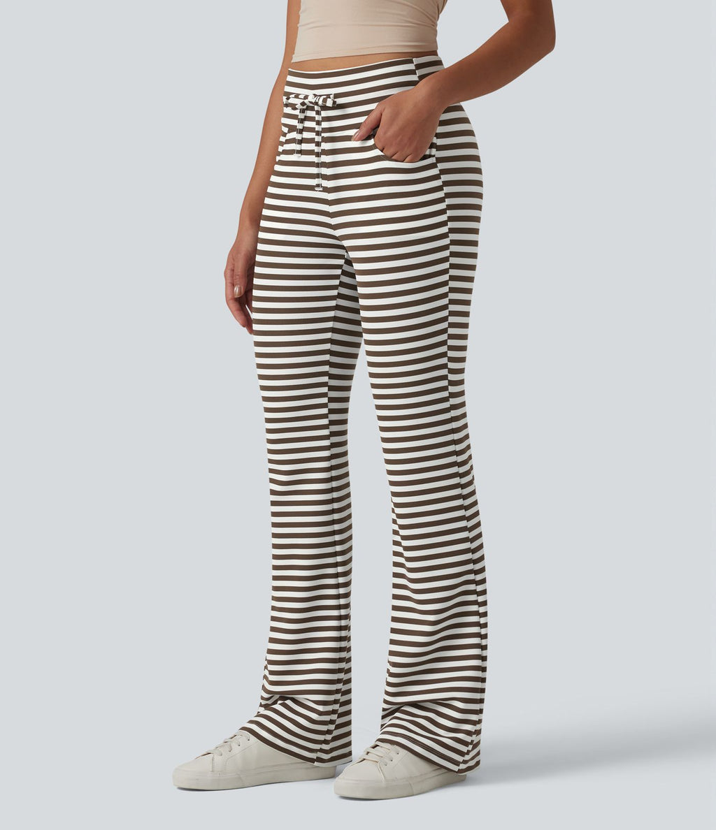 Pantalon évasé décontracté taille haute gainant à rayures en tissu gaufré avec cordon de serrage et poches