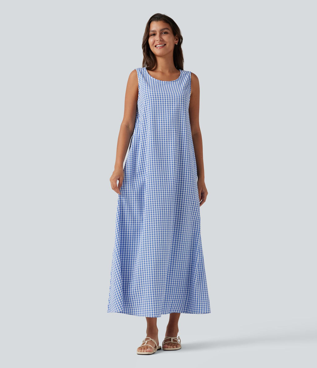 Robe débardeur midi décontractée col rond sans manches en vichy froissé avec poches