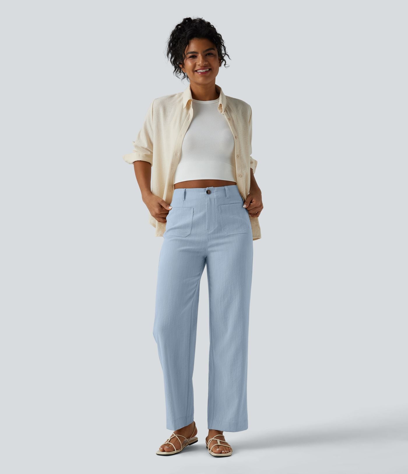 Pantalon taille haute coupe droite effet lin avec poches