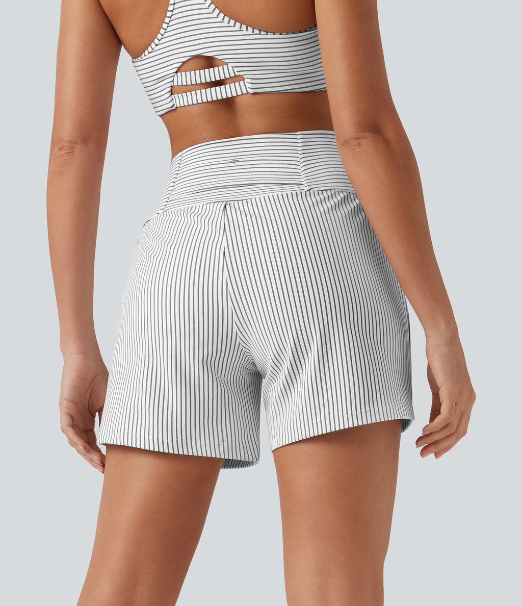 Short de yoga 2-en-1 à rayures, taille très haute, 12,5 cm, à poches