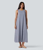 Robe débardeur midi décontractée col rond sans manches en vichy froissé avec poches