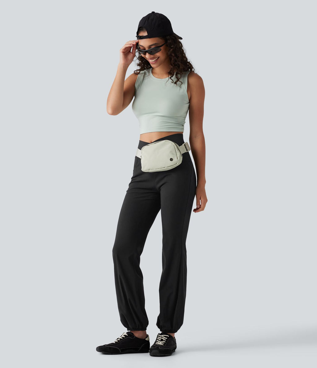Jogging bouffant casual en lin extensible à taille haute croisée avec poches