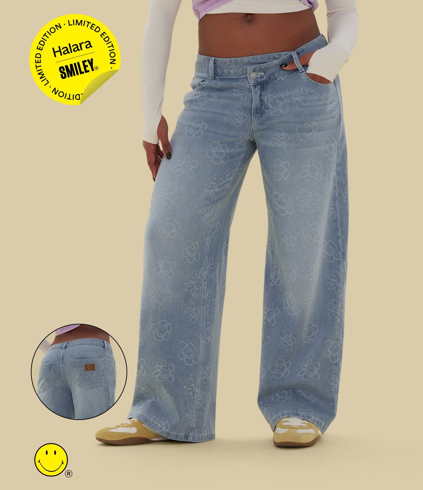 Halara X Smiley® Halara Flex™ Jean large décontracté asymétrique taille basse en lyocell délavé avec poches