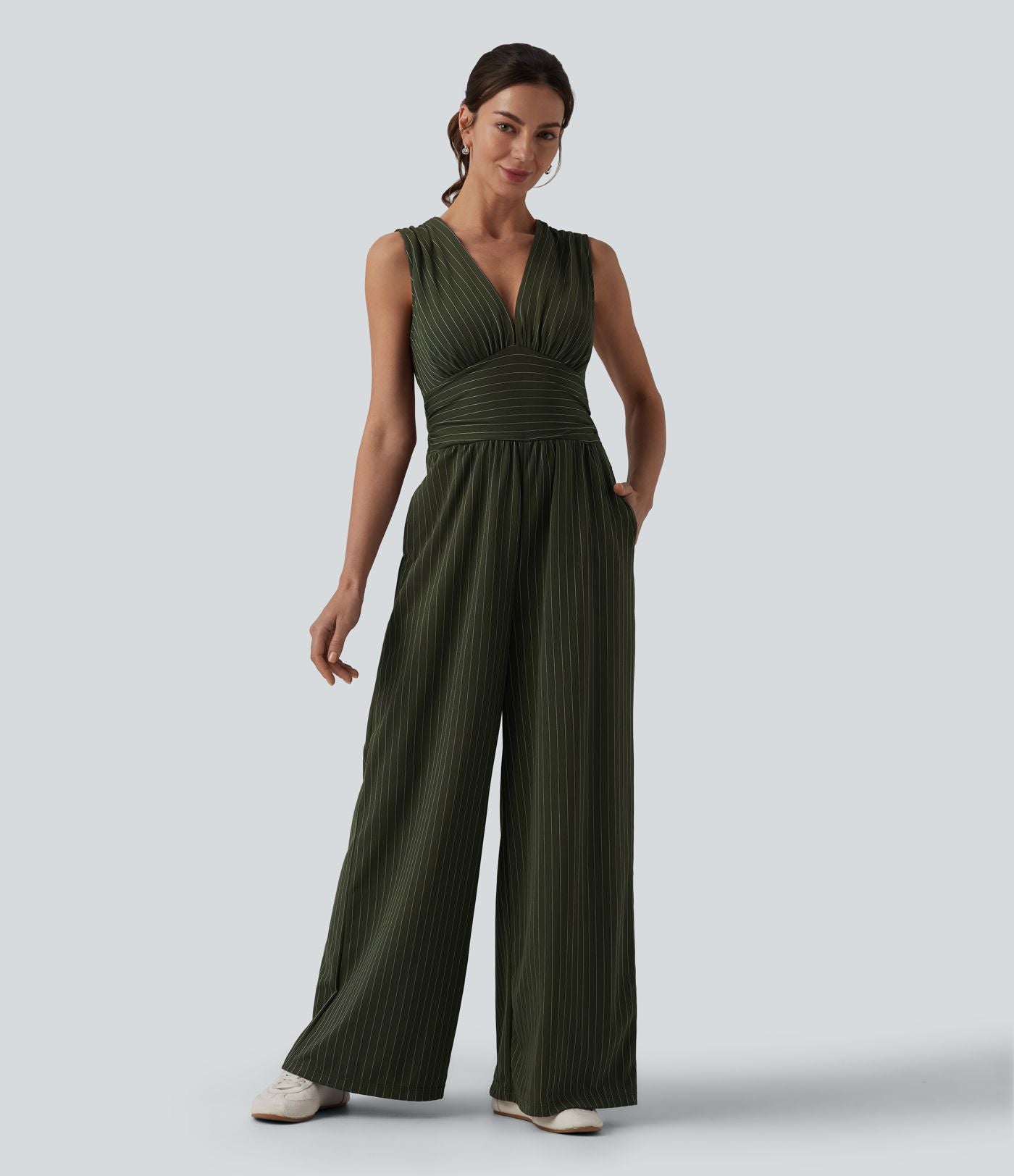 Combinaison tailleur col V sans manches à rayures et fronces avec poches - Easy Peasy