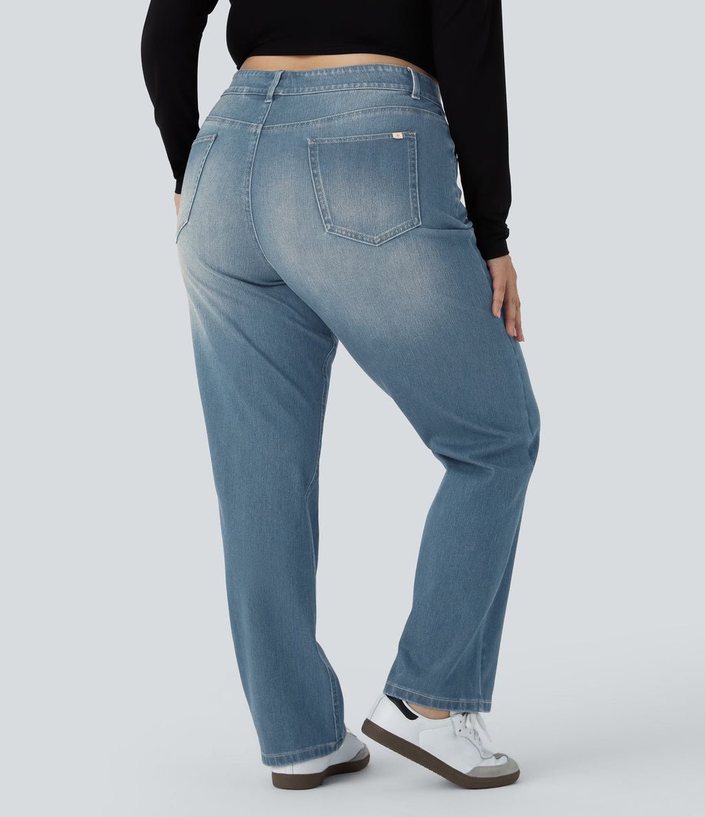 Jean décontracté Halara Flex™ grande taille, taille haute, multiples poches, jambes droites, effet délavé, en maille extensible