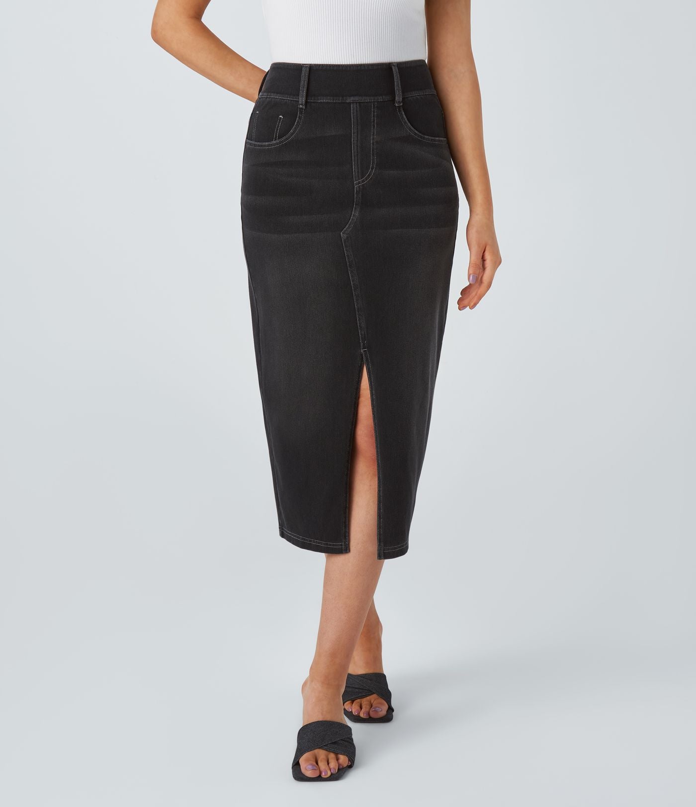 Halara Flex™ Jupe en Jean Casual Mi-Longue Délavé Extensible Plusieurs Poches Taille Haute