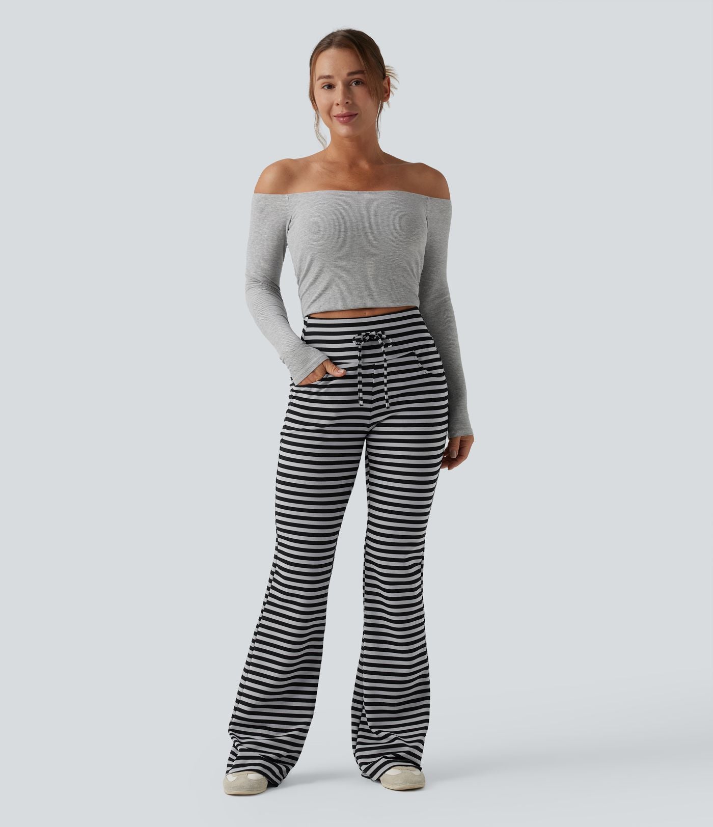 Pantalon évasé décontracté taille haute gainant à rayures en tissu gaufré avec cordon de serrage et poches