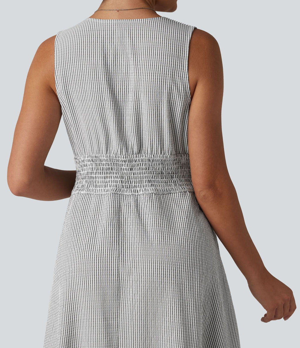 Robe midi rayée sans manches à col en V et poches