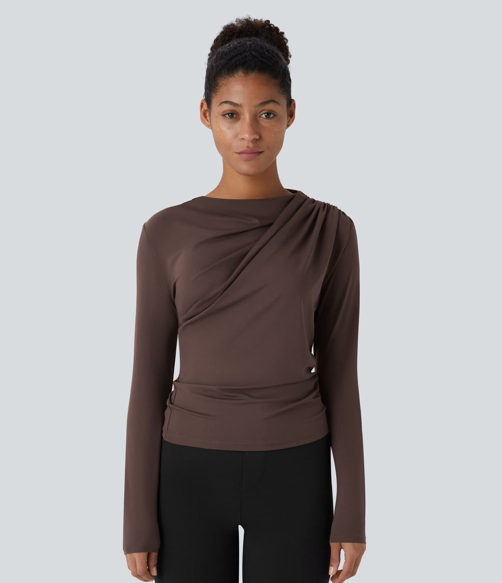 Cowl Neck Ruched Long Sleeve Slim Work Top