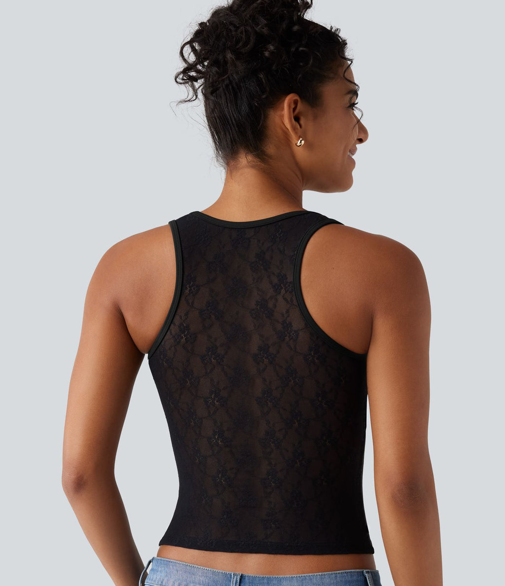 Débardeur casual SoftlyZero™ Airy à col U, dentelle contrastée, découpes et coussinets amovibles