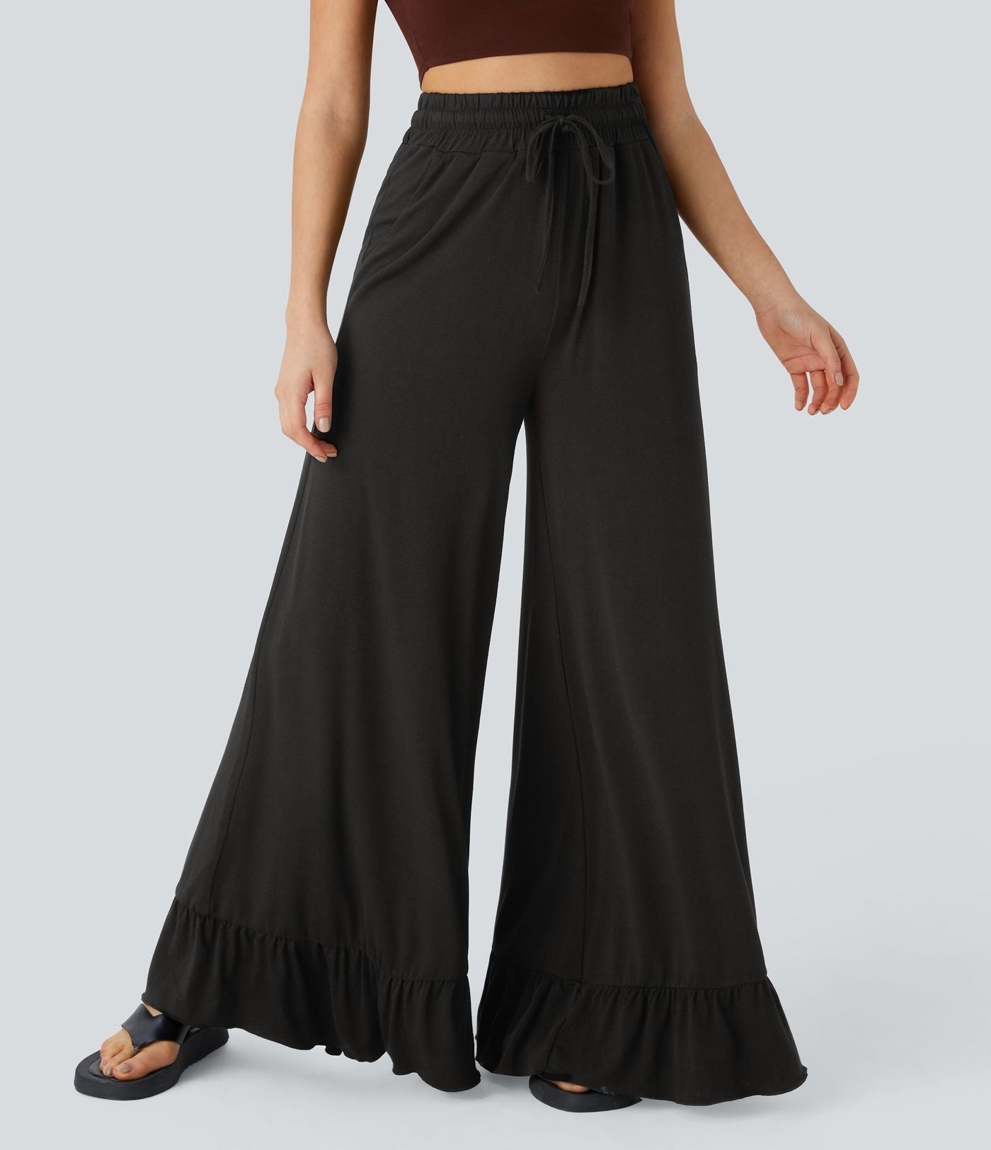 Pantalon Casual à Taille Haute avec Cordon De Serrage Poches Latérales et Volants Jambes Amples
