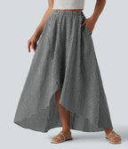 Jupe mi-longue décontractée fluide asymétrique taille haute à carreaux aspect lin avec poches