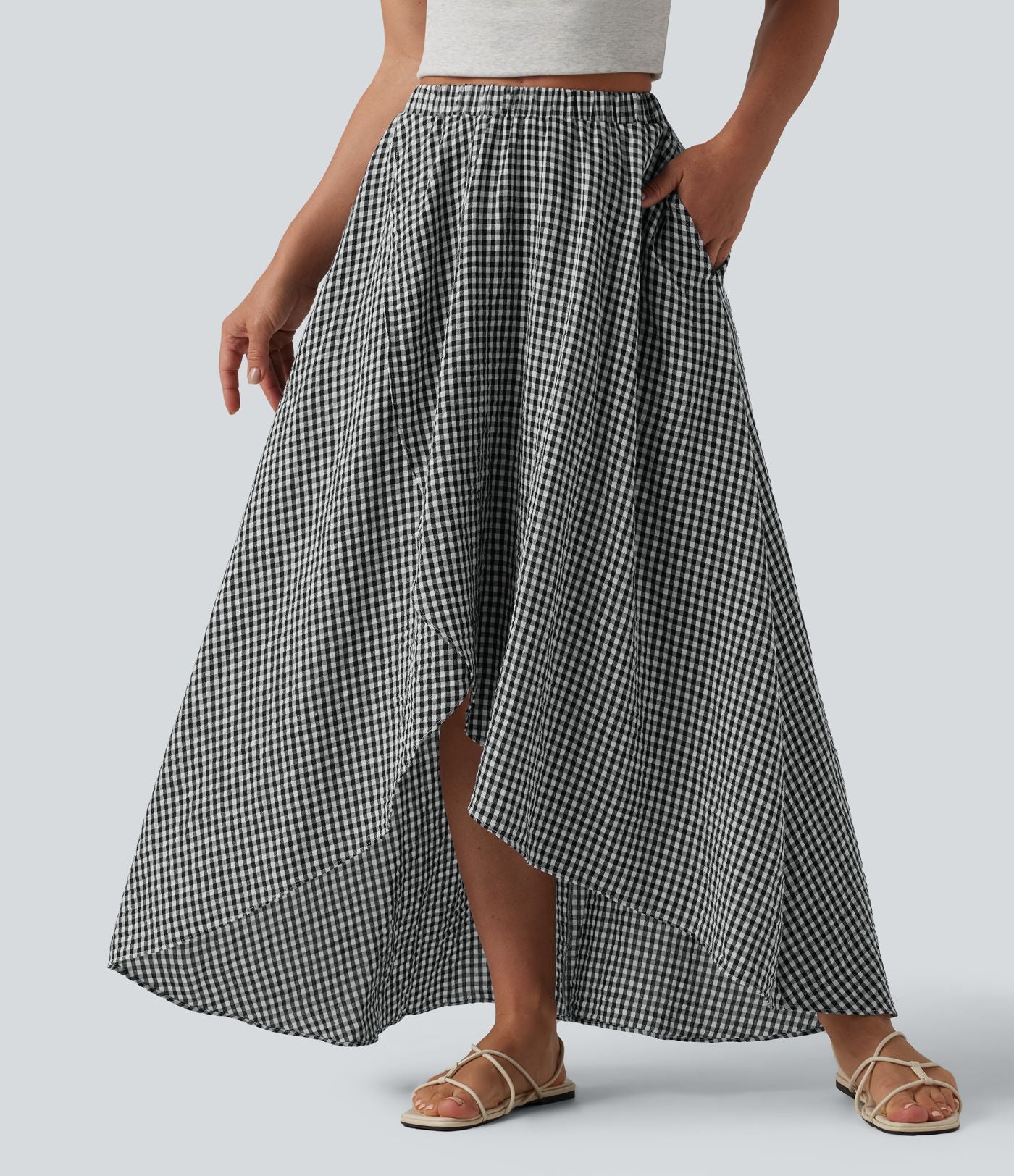 Jupe mi-longue décontractée fluide asymétrique taille haute à carreaux aspect lin avec poches