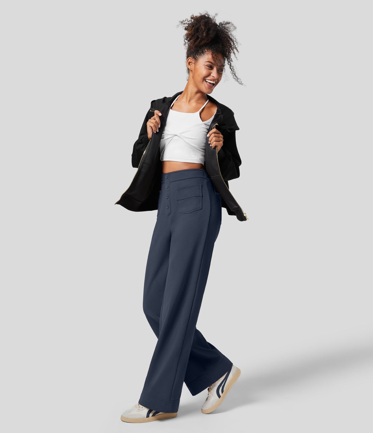 Pantalon Jogging en Fleece Thermique Jambe Droite Boutons Taille Haute Plusieurs Poches