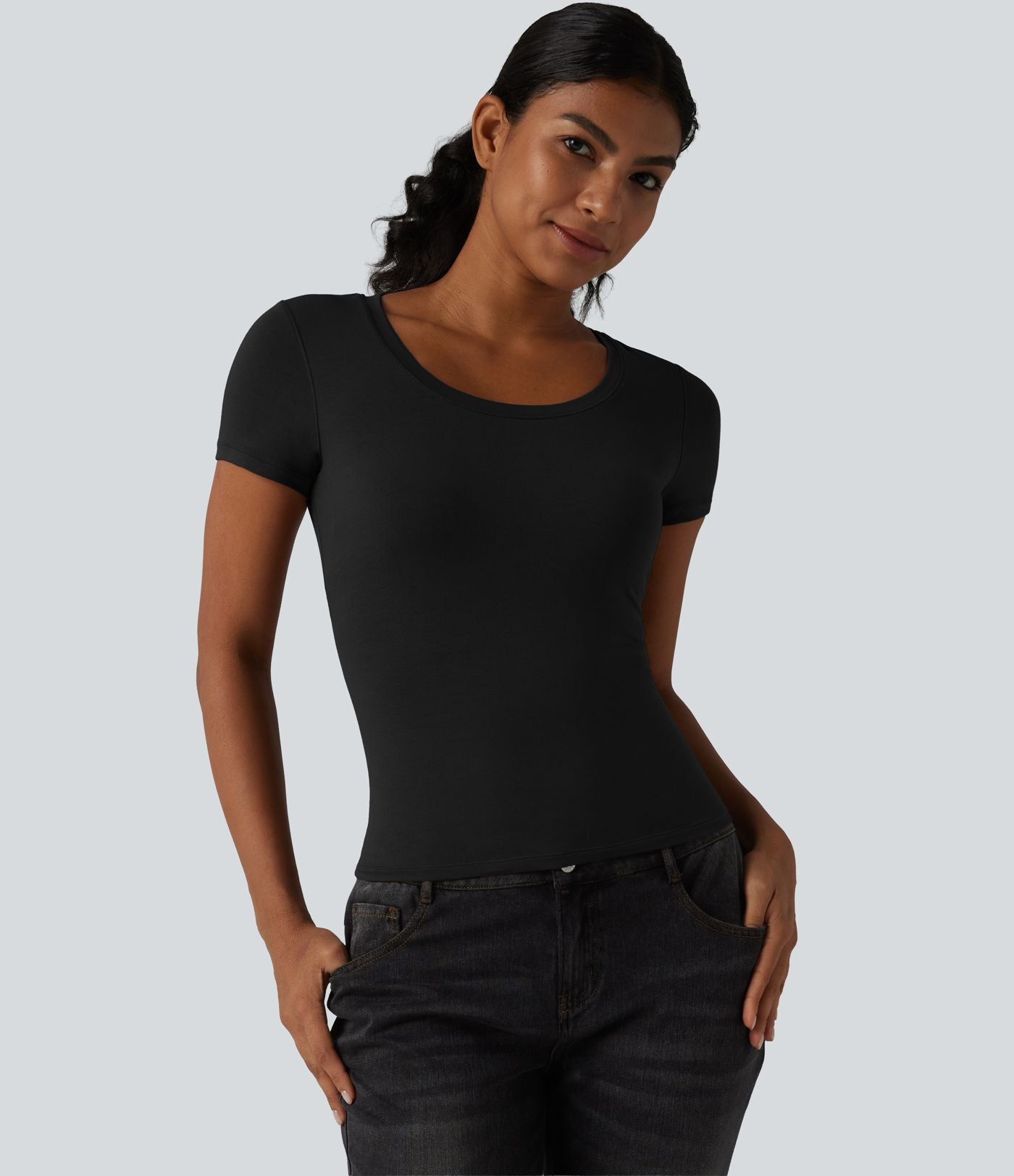 Halara T-shirt en jersey de coton col rond échancré manches courtes avec soutien-gorge intégré bonnets B-DD