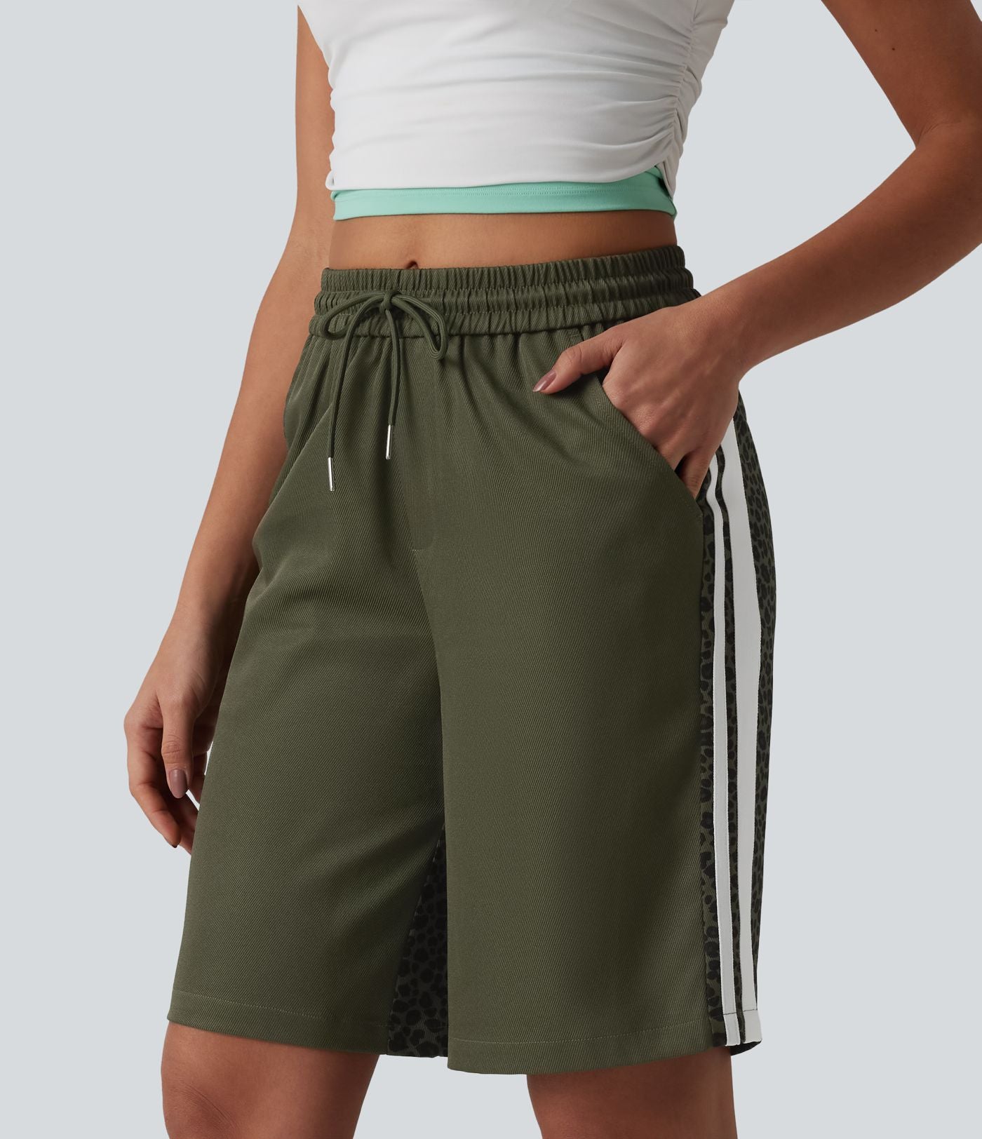 Short ample décontracté à taille mi-haute, cordon de serrage, rayures contrastées léopard, 25 cm, avec poches