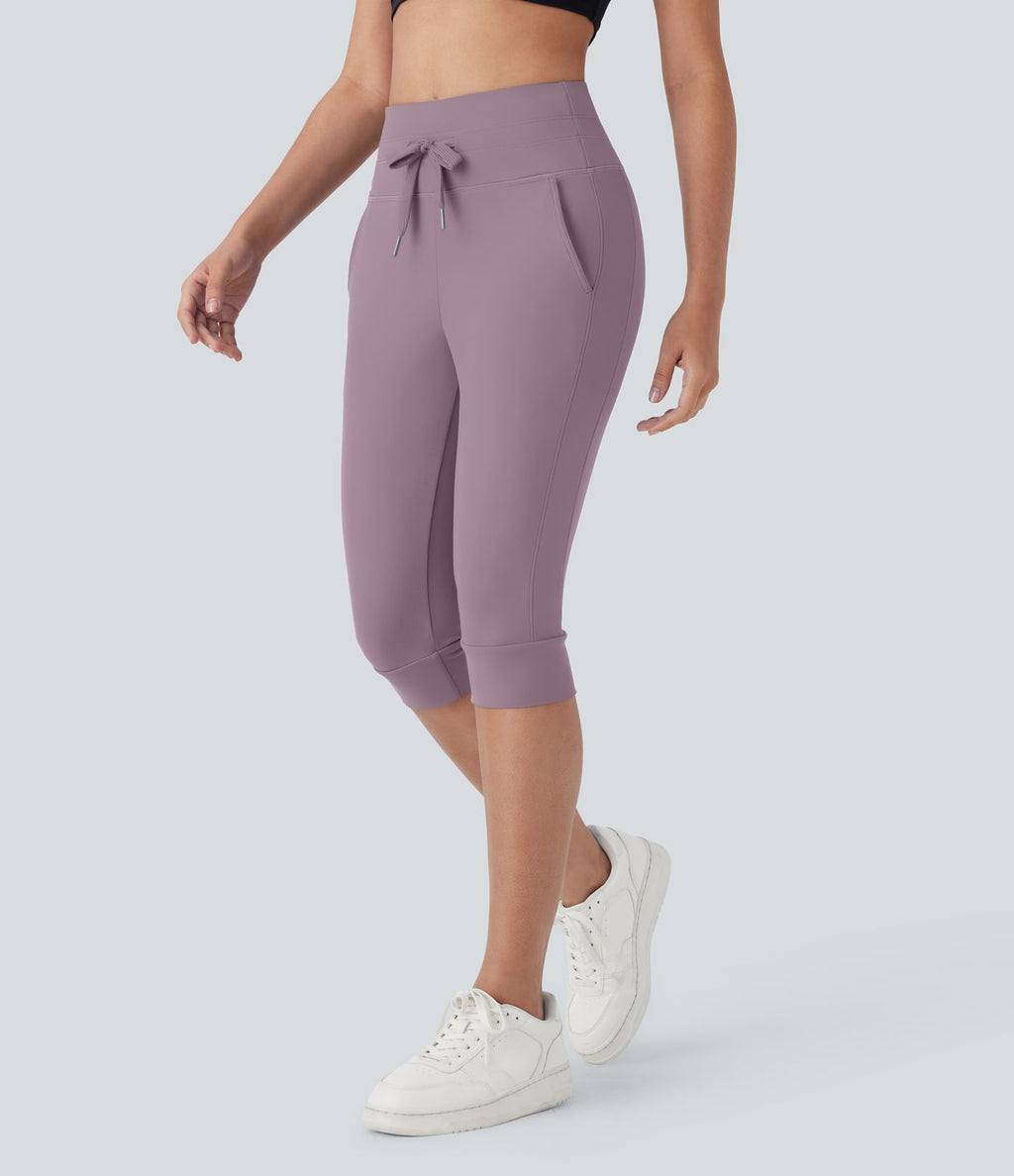 Pantalon corsaire jogging de yoga Softlyzero™ moelleux, taille haute à cordon avec poches latérales