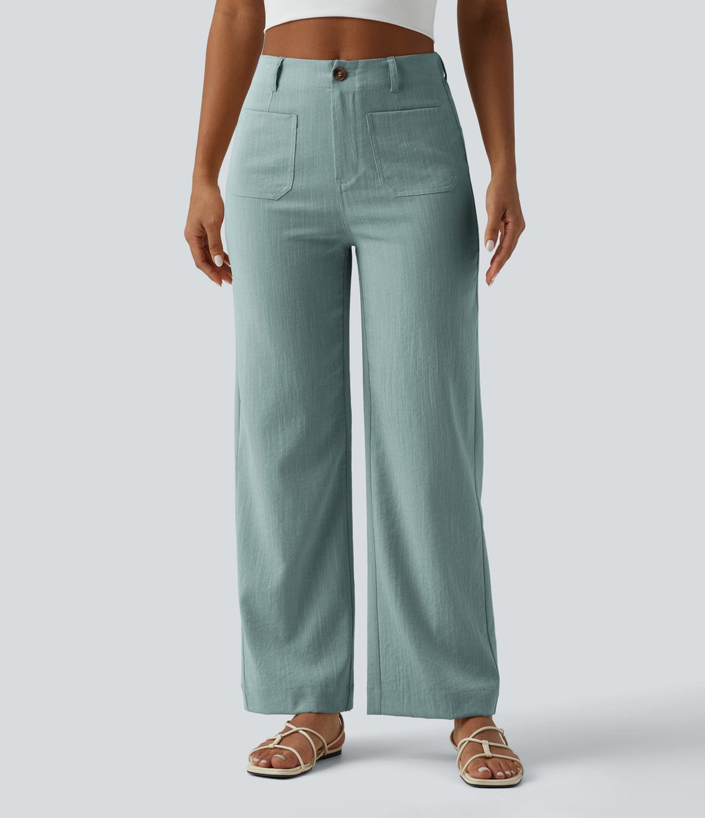 Pantalon taille haute coupe droite effet lin avec poches