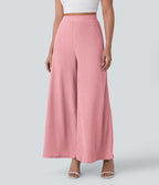 Pantalon décontracté fluide jambe large taille haute avec poches latérales
