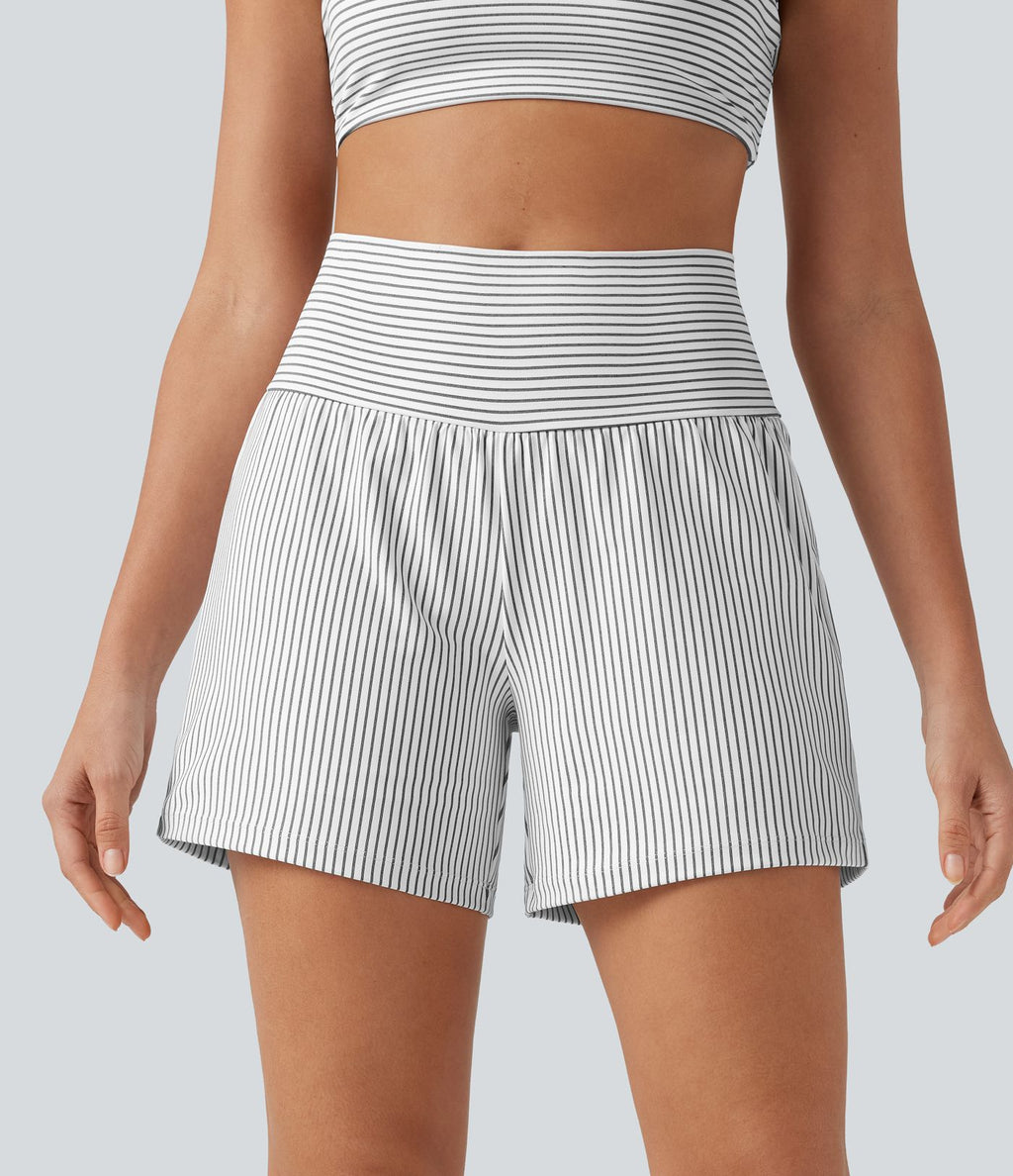 Short de yoga 2-en-1 à rayures, taille très haute, 12,5 cm, à poches
