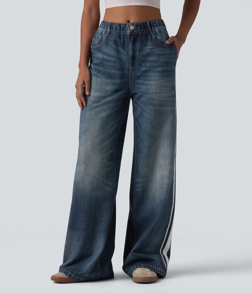 Jean de survêtement décontracté à rayures en tissu éponge français imprimé denim taille mi-haute avec poches