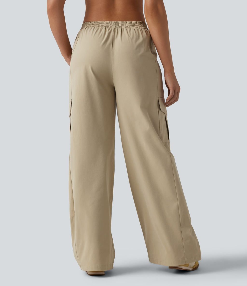 Pantalon cargo décontracté en popeline stretch taille mi-haute, coupe jambe large avec poches