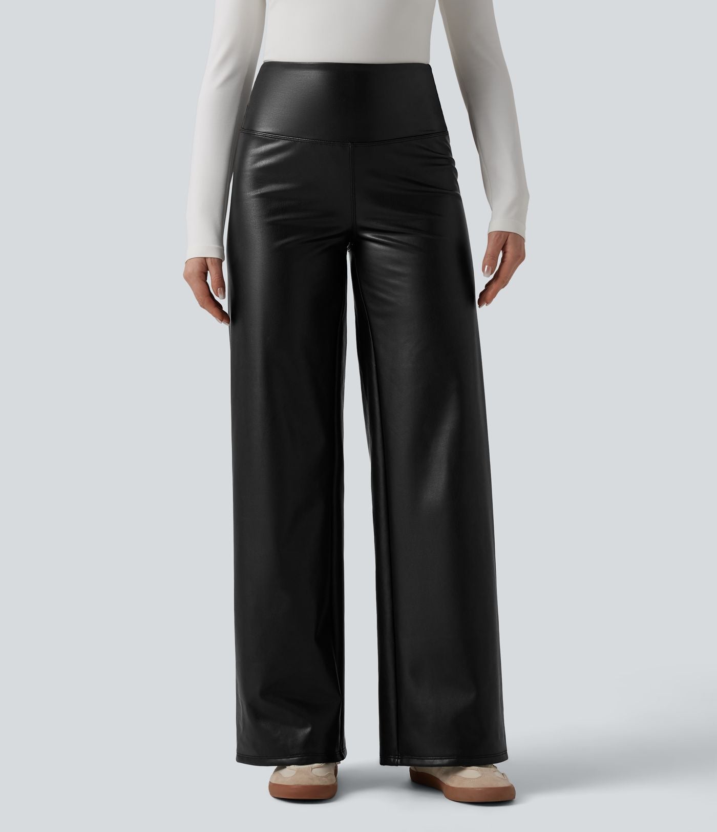 Pantalon large décontracté gainant taille haute extensible en molleton PU avec poches